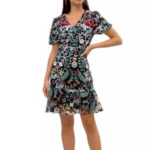 Sam Edelman Floral Embroidered Puff-Sleeve Dress Size 2